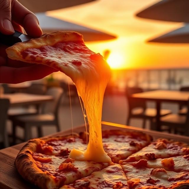 Sunset pizza slice with cheese pull